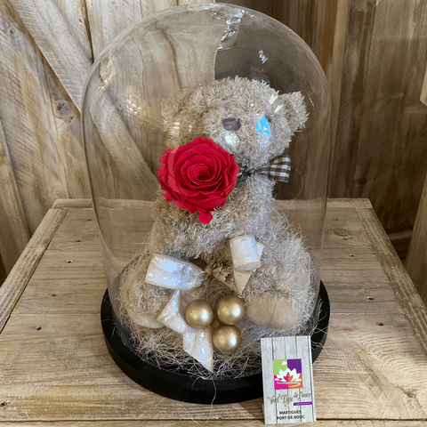 Cloche Ourson Harry et rose eternelle Rouge